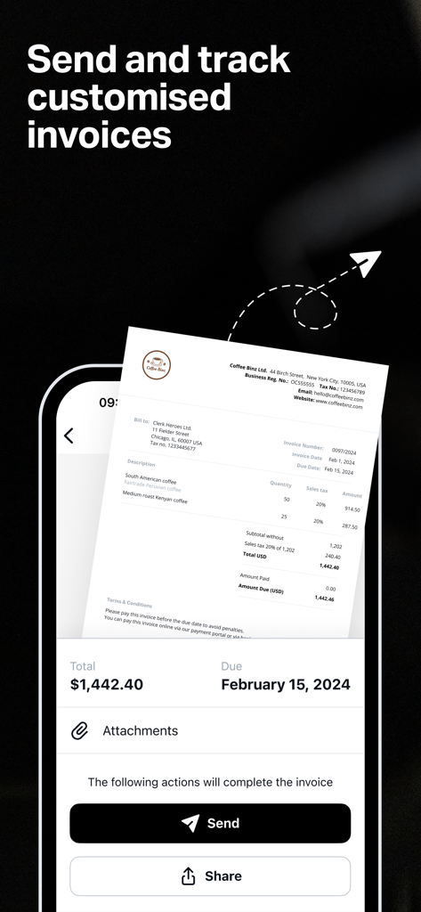 Mobile app screen showing a professional invoice preview with send and share buttons for small businesses.