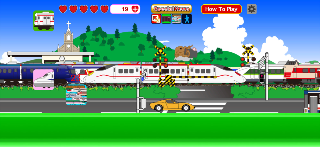 Working Car Vroom S - Gameplay screen of Working Car Vroom S showing high speed trains passing by and a yellow sports car on the road