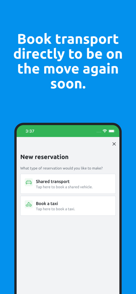 Reisbalans app screen showing options to book shared transport or a taxi.