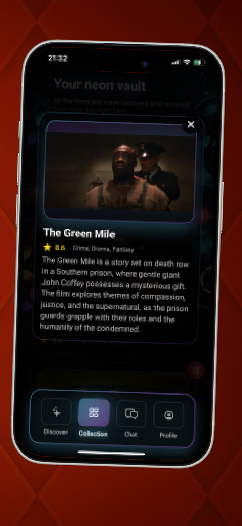 Cinе Snаp - Schermata dell'app Cine Snap che mostra i dettagli del film "Il miglio verde" inclusi voto e trama.