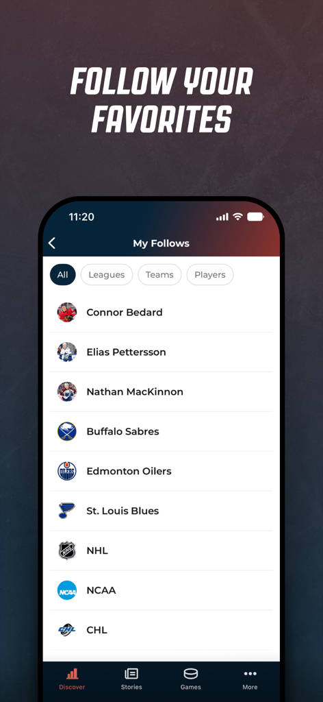 The My Follows screen in the Elite Prospects app showing a list of tracked hockey players teams and leagues