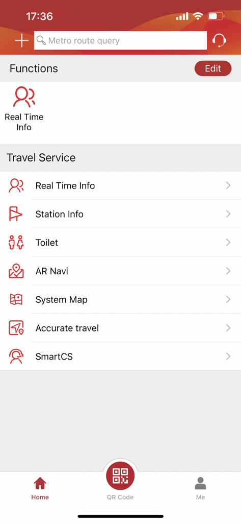 English interface of the Guangzhou Metro app showing travel service options like station info and real time updates