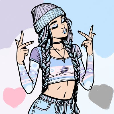 realistic teenage girl with braids and a beanie and crop top doing 🫶🏼