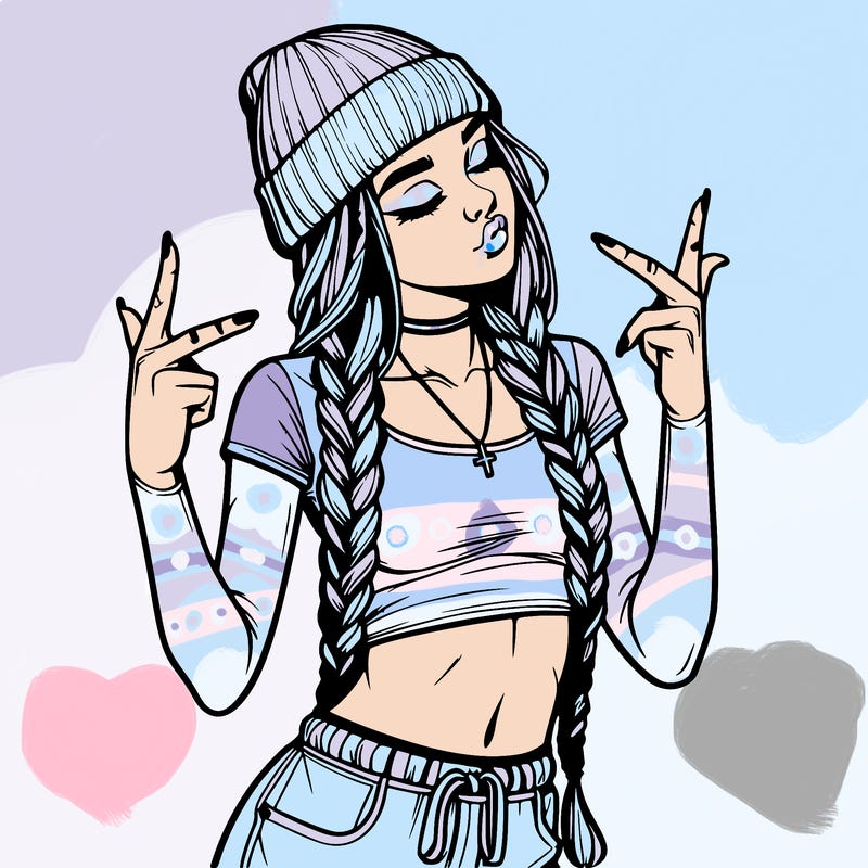 realistic teenage girl with braids and a beanie and crop top doing 🫶🏼