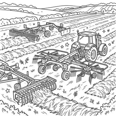 Dive into the heart of the harvest season with this intricate coloring page featuring various hay rakes and tedders. Discover the essential farm machinery that helps bring in the hay, perfect for both aspiring farmers and coloring enthusiasts.