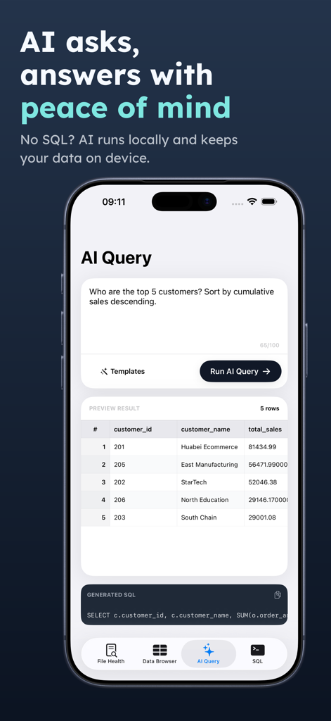Access Database Viewer: MDB AI - Access Database Viewer app interface showing a natural language AI query and data results on an iPhone.