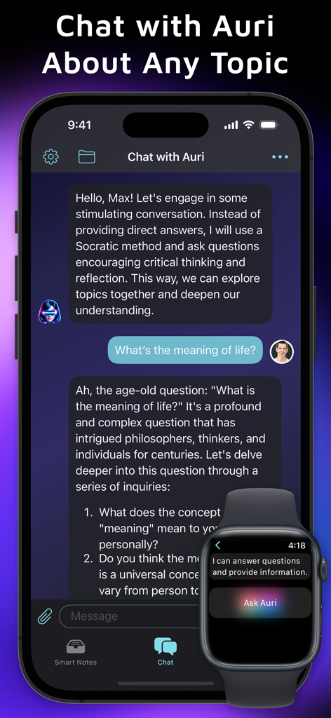 Auri AI Keyboard & Assistant - Auri AI assistant chat interface on iPhone and Apple Watch