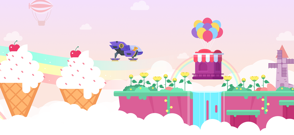 Un dinosaure dans un vaisseau spatial violet traverse un paysage fantaisiste présentant des cônes de crème glacée géants et des ballons colorés.