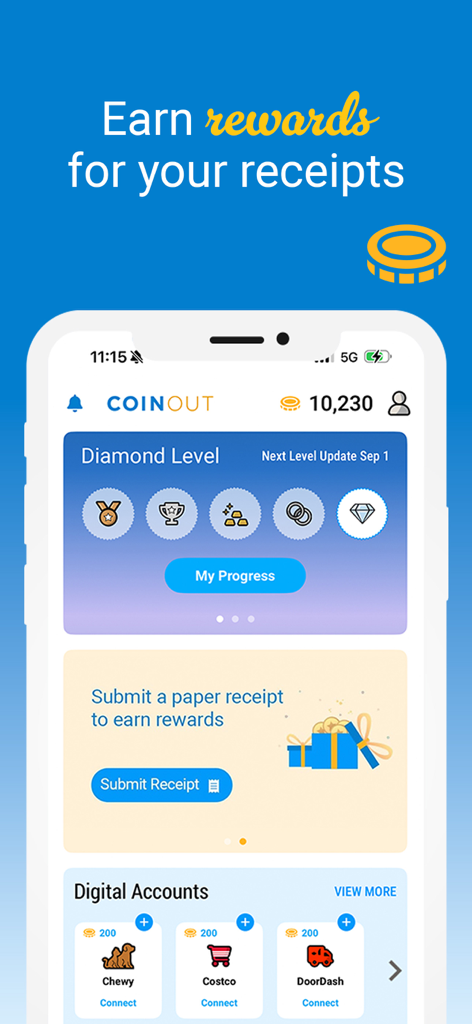 CoinOut app dashboard showing rewards for receipts and digital account connections