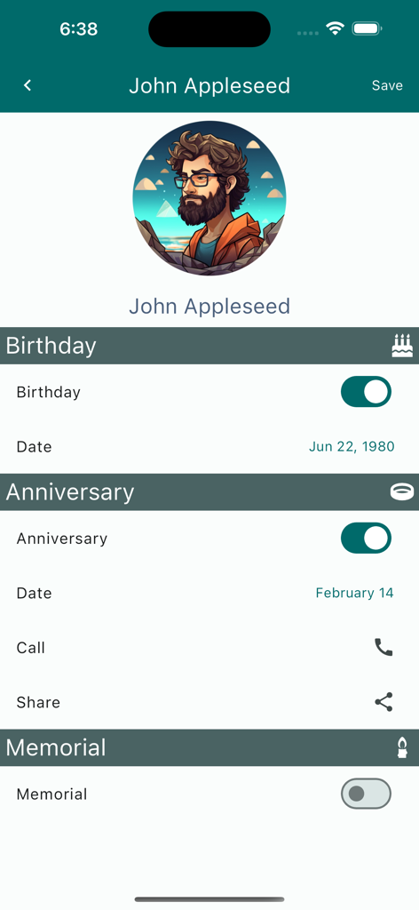 myDays ( Birthday+ ) - Um perfil de contato no aplicativo myDays mostrando as configurações de eventos de aniversário e datas especiais