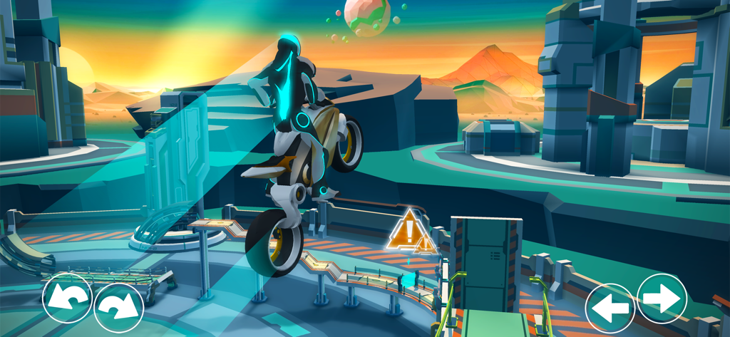 Gravity Rider - Moto futuriste effectuant une cascade sur une piste de course de science-fiction dans Gravity Rider