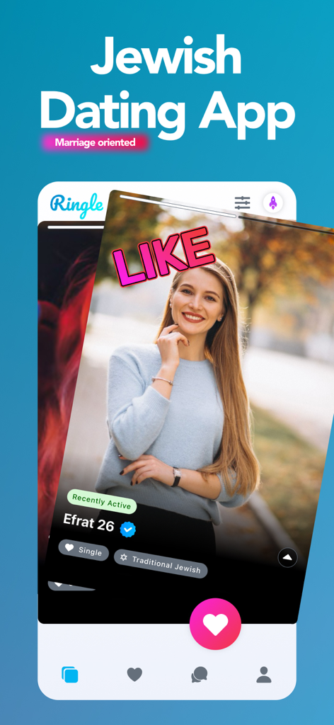 Ringle app interface showing a marriage-oriented profile for Jewish singles