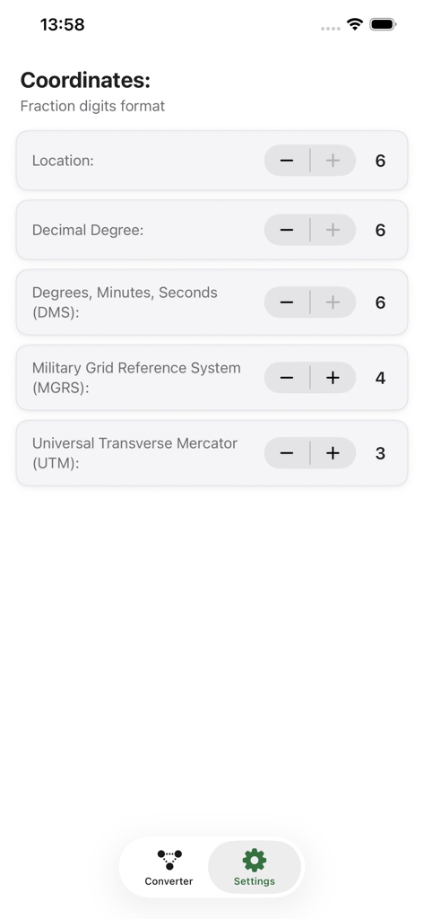 Settings screen in Geo Changer app showing options to adjust decimal precision for various coordinate formats like MGRS and UTM