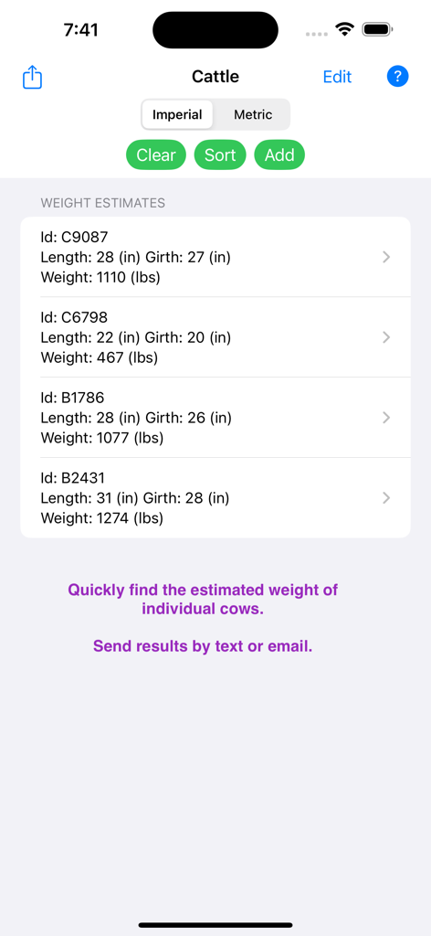 Cattle Weight Estimator - ID 측정값과 파운드 단위 무게를 보여주는 소 무게 추정 목록