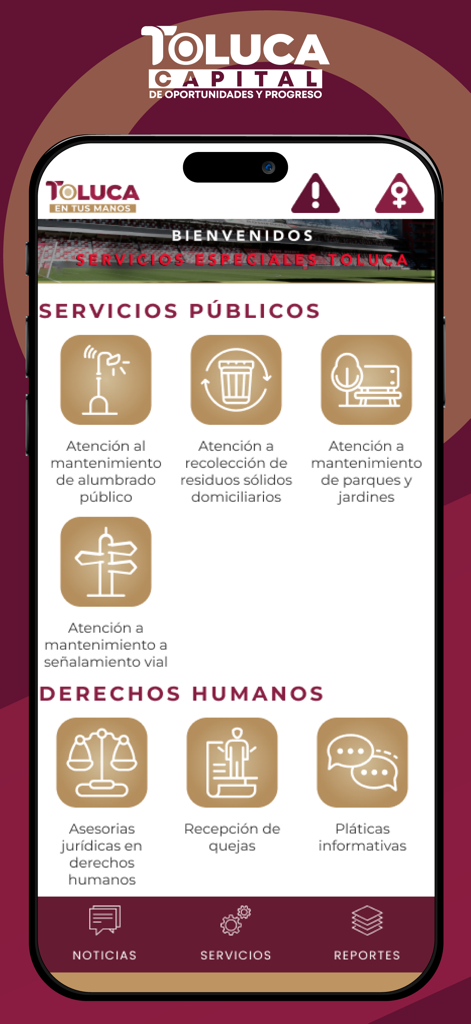 Toluca en tus manos - Screenshot of the Toluca en tus manos mobile app showing public services and human rights options