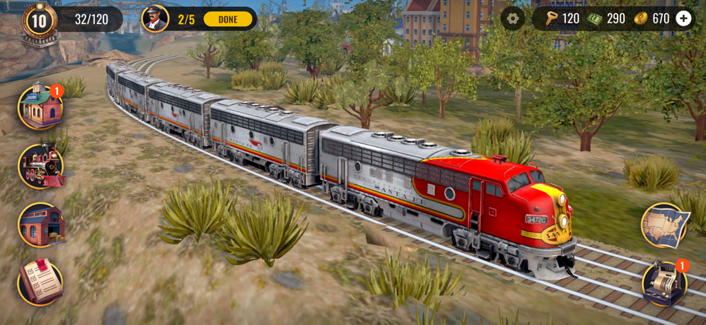 Railroad Empire: Train Game - Capture d'écran du gameplay de Railroad Empire montrant un train diesel Santa Fe rouge et argenté circulant sur des voies à travers un paysage verdoyant.