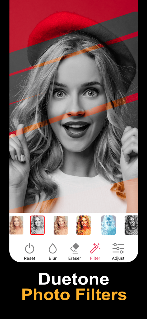Blur Image -Blur Effect Editor - Mobile App-Oberfläche mit duotone künstlerischen Fotofiltern und Bearbeitungswerkzeugen