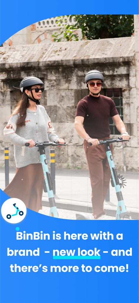 BinBin Scooters - A young man and woman riding BinBin electric scooters on a city street