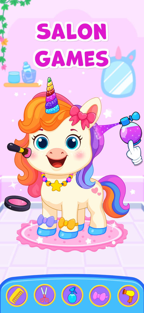 Un gioco colorato di salone di unicorni dove i bambini possono vestire e acconciare un simpatico personaggio unicorno con trucco e accessori per capelli.