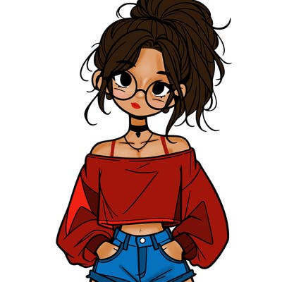 girl with a messy ponytail glasses a baggy crop top and jean shorts