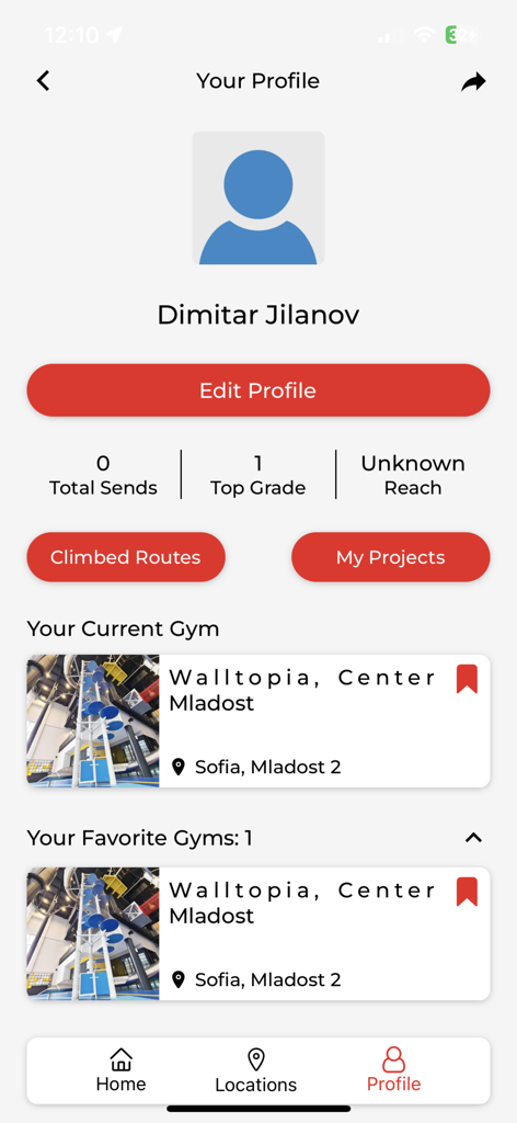 클라이머 통계와 즐겨찾는 짐을 보여주는 ewalls 앱 사용자 프로필 화면