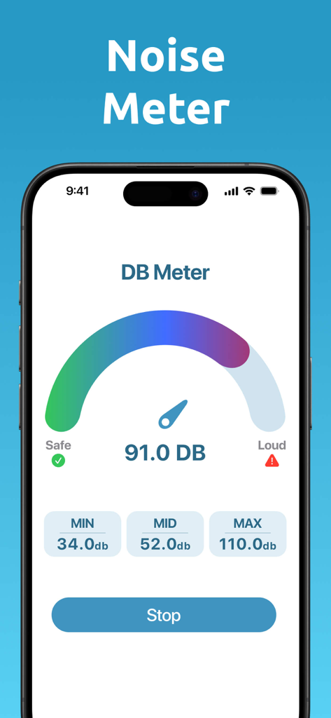 Clear Wave ‒ Water Eject - Clear Wave app noise meter interface measuring decibel levels.