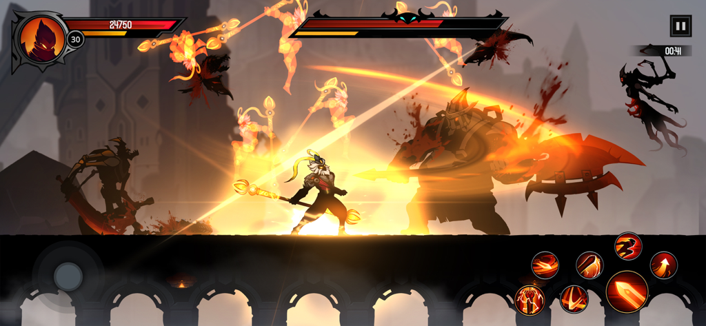 Shadow Knight hero using glowing skill attacks against a giant boss in a dark fantasy setting