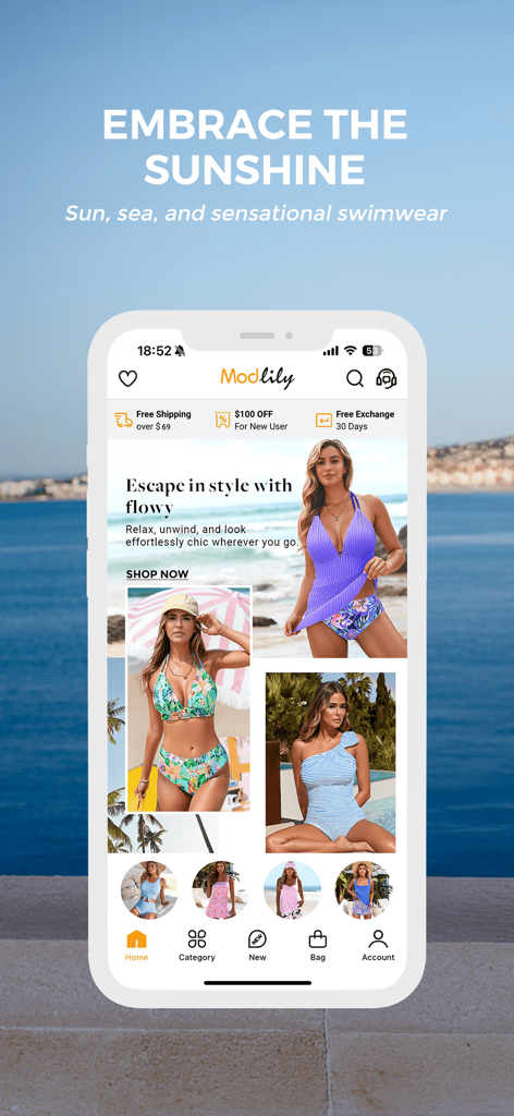 Modlily-Online Shopping - Interfaccia dell'app mobile Modlily che mostra diversi stili di costumi da bagno da donna e sconti promozionali per nuovi utenti