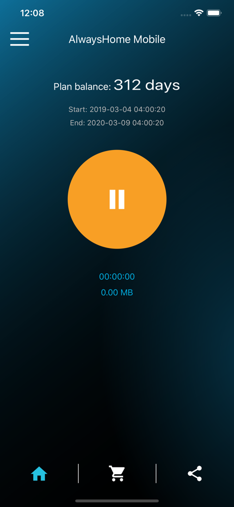 AlwaysHome Mobile - AlwaysHome Mobile dashboard showing plan balance and connection status