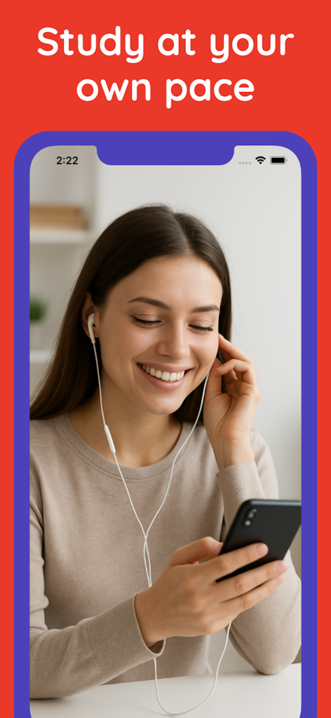 Haitian Creole with Lengweezee - A smiling woman wearing earphones and learning Haitian Creole on her smartphone