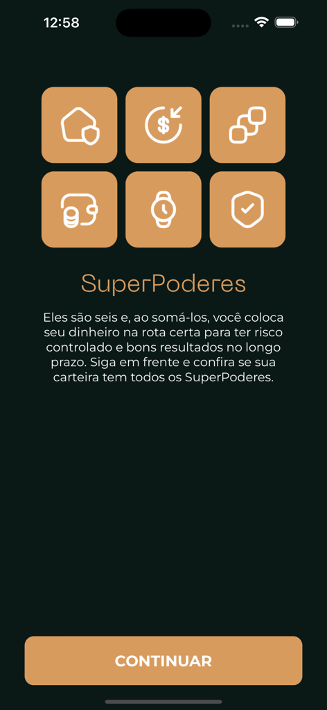 SuperCarteira - Tela do aplicativo móvel SuperCarteira destacando seis recursos principais de investimento chamados SuperPoderes