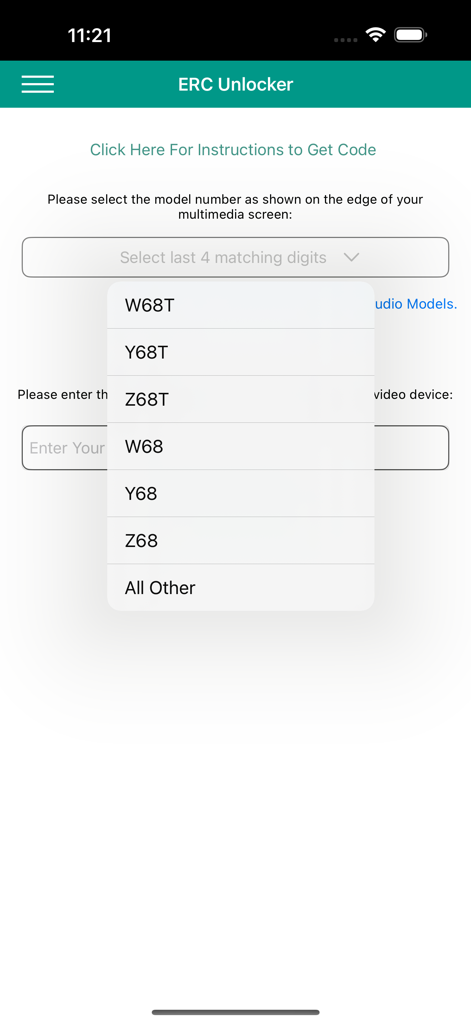 ERC Unlocker app interface for selecting car multimedia model numbers