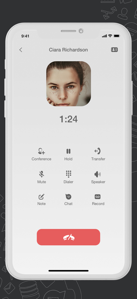 DataPhone Softphone-Oberfläche während eines aktiven Anrufs, die professionelle Kommunikationssteuerelemente wie Halten und Weiterleiten anzeigt