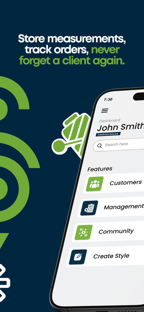 SewPRO - Dashboard of SewPRO app for tailors showing customer management, order tracking, and style creation features.