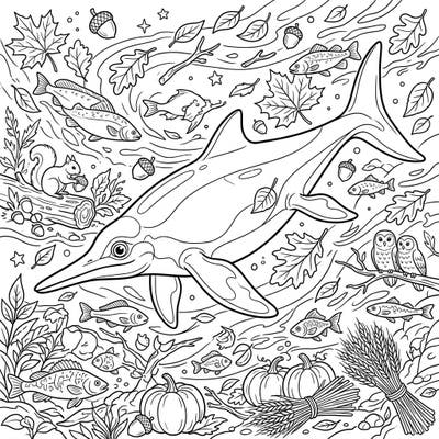 Explore a fantastical autumn scene featuring the prehistoric Nannopterygius, surrounded by fall leaves, pumpkins, and woodland friends. This unique coloring page offers a delightful blend of ancient marine life and cozy seasonal charm.