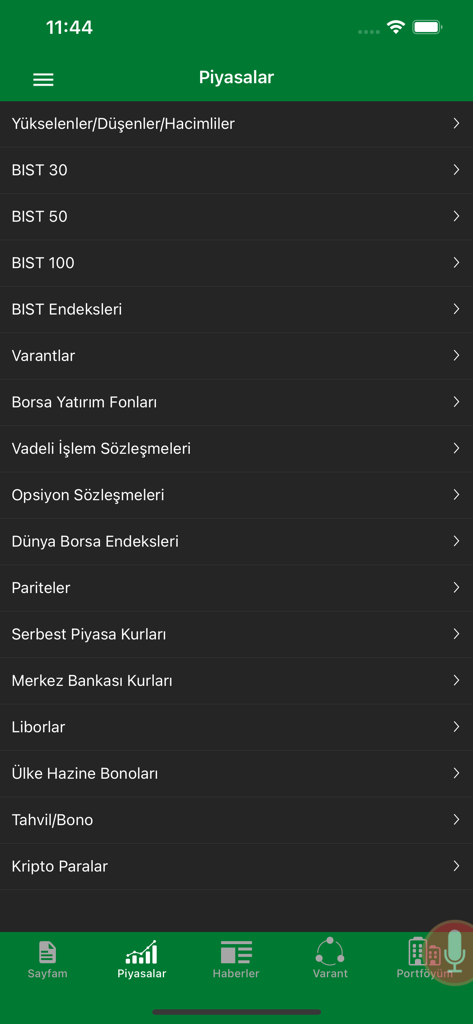 Seker Borsa Mobile App-Oberfläche mit einer Liste von Marktindizes und Finanzinstrumenten
