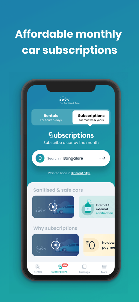 Revv - Self Drive Car Rental - Revv app interface showing affordable monthly car subscription options in Bangalore