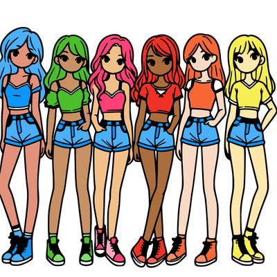 a group of girls wearing crop tops and shorts