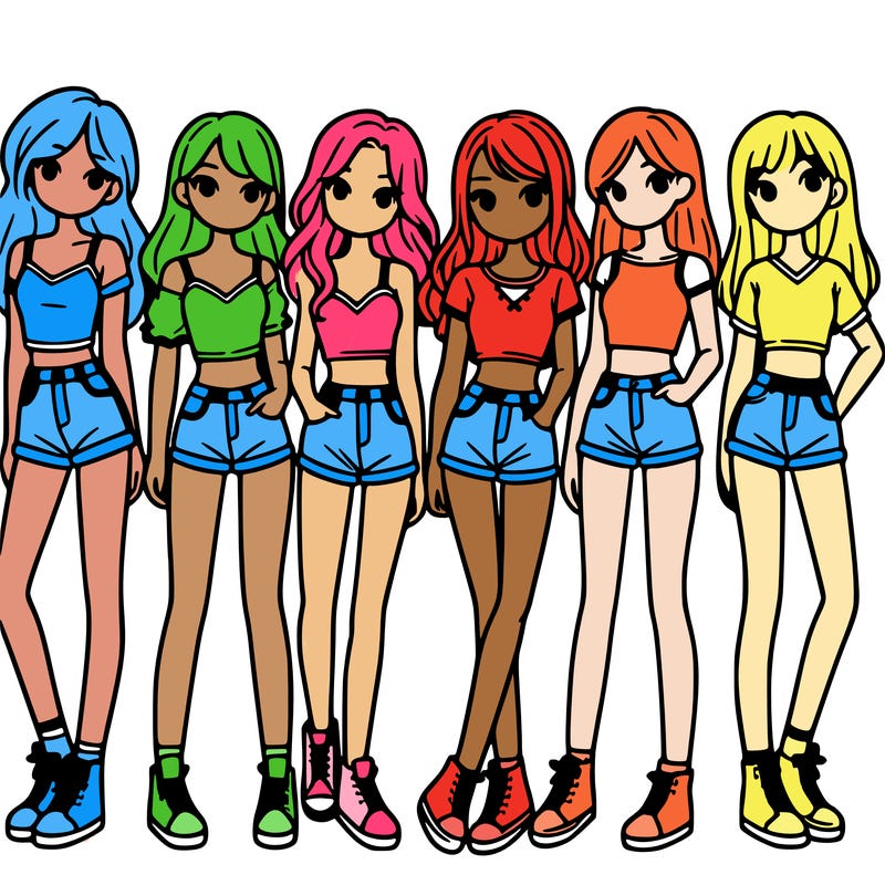 a group of girls wearing crop tops and shorts
