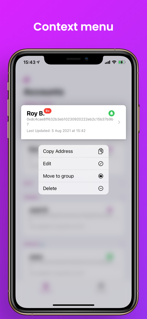 Polygon Chain Explorer mobile app showing a context menu for managing wallet addresses with options to copy, edit, move, or delete.