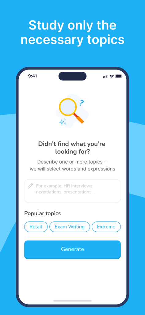 AI Spanish Minute - AI Spanish Minuteアプリの機能。ユーザー入力に基づいてカスタム語彙トピックを生成します