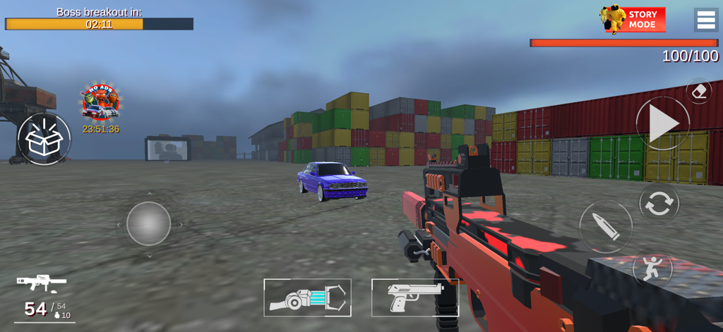 Stepbots Sandbox Playground 2 - Perspectiva en primera persona de un jugador sosteniendo un rifle de asalto en un almacén lleno de contenedores de envío