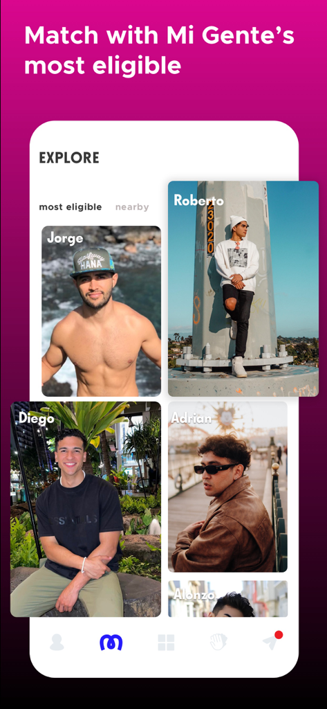 Mi Gente - Latino Dating - Explore screen of the Mi Gente Latino dating app showing profiles of eligible men