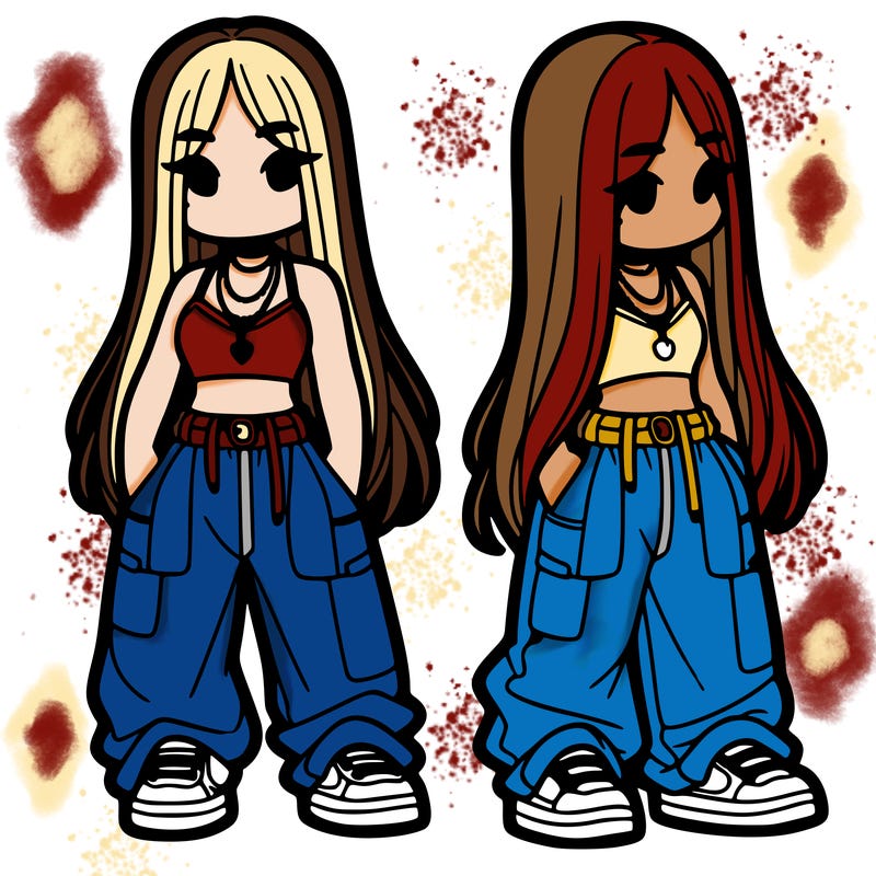 girl in baggy pants crop top and long hair