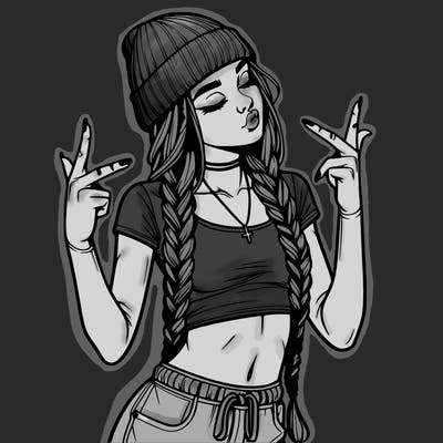 realistic teenage girl with braids and a beanie and crop top doing 🫶🏼