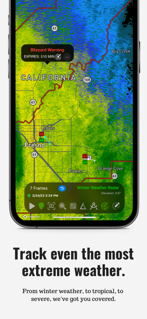 RadarOmega - RadarOmega app interface showing a high resolution weather radar map with an active blizzard warning