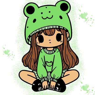 a girl wearing a frog hat and some frog socks
