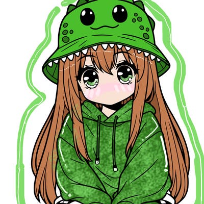 girl with anime shaped eyes with a dinosaur bucket hat oversized sweatshirt long straight hair
