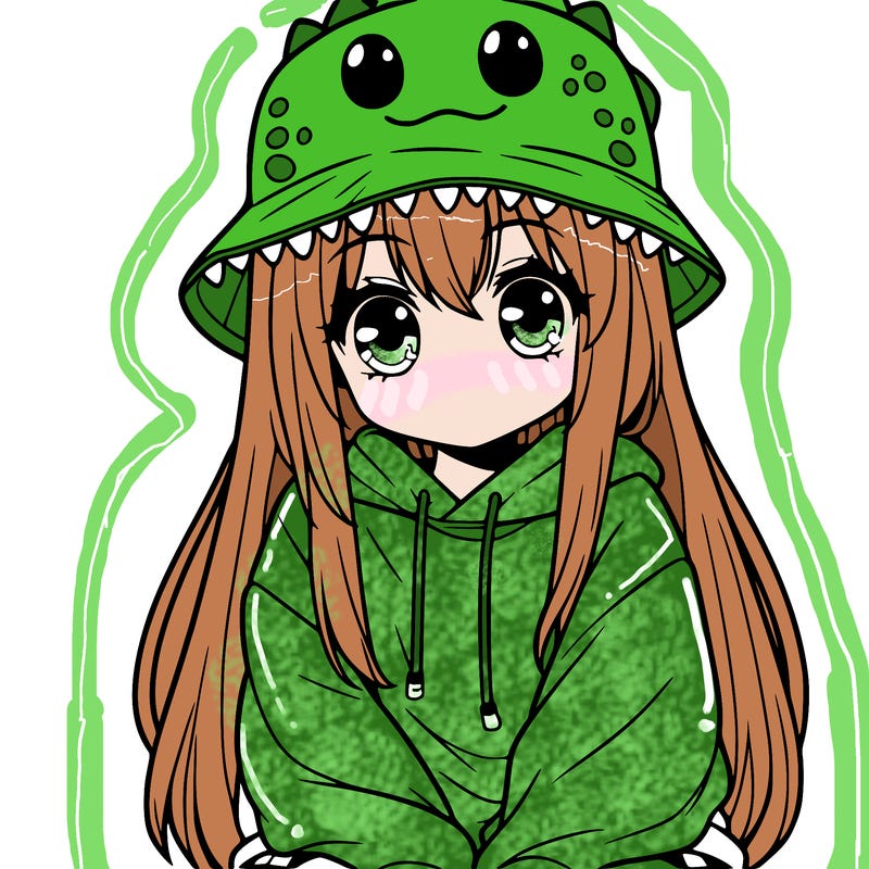 girl with anime shaped eyes with a dinosaur bucket hat oversized sweatshirt long straight hair
