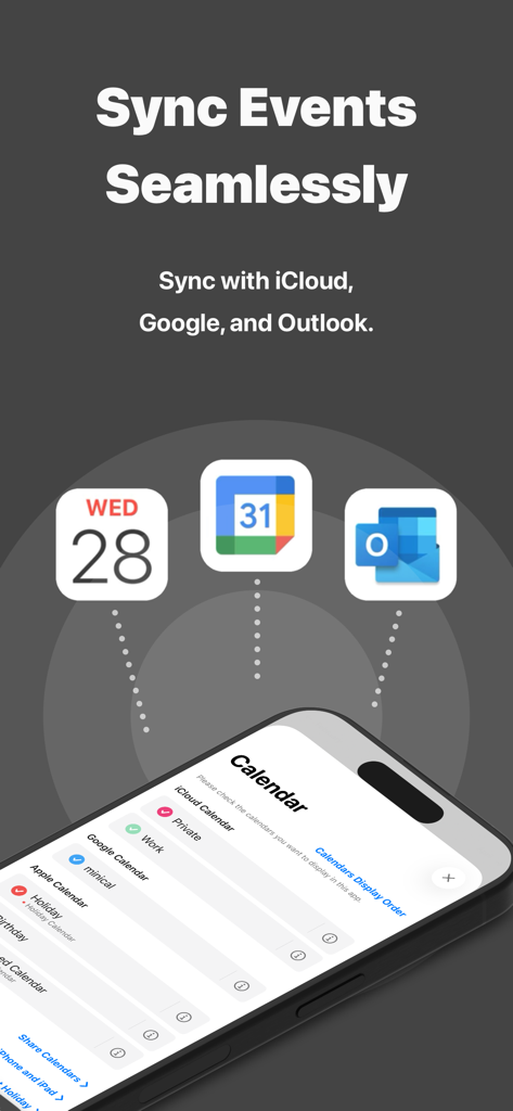 minical - Planner & Calendar - Interface do aplicativo minical mostrando opções de sincronização de eventos sem interrupções com calendários iCloud, Google e Outlook